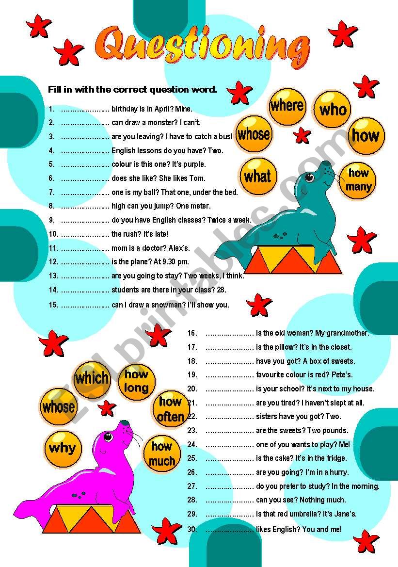 Question Words (Page 2 - B&W) worksheet