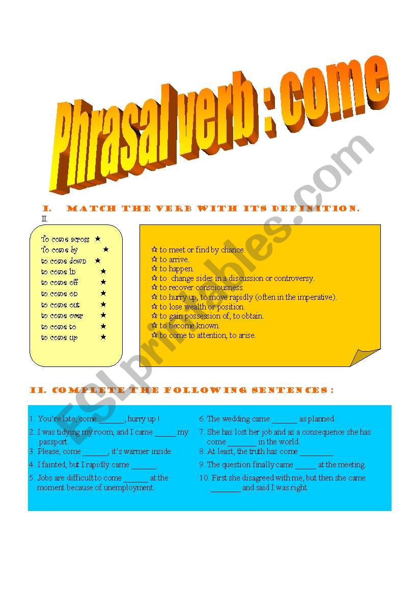 PHRASAL VERB COME worksheet