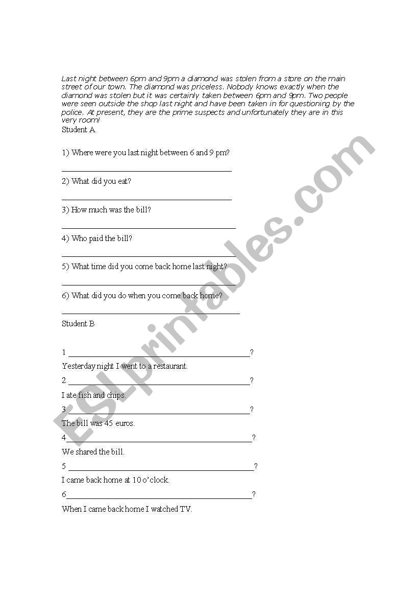 Policeman Suspect role Play worksheet