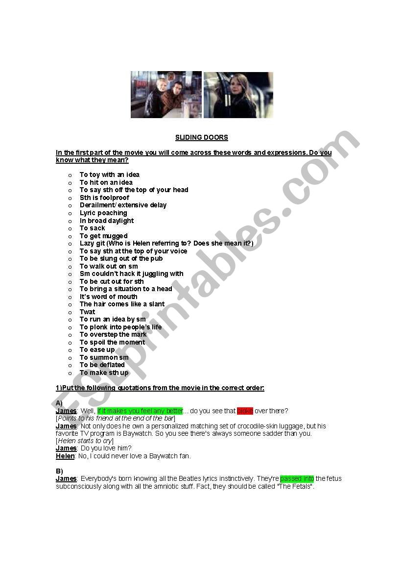 Movie Sliding Doors worksheet