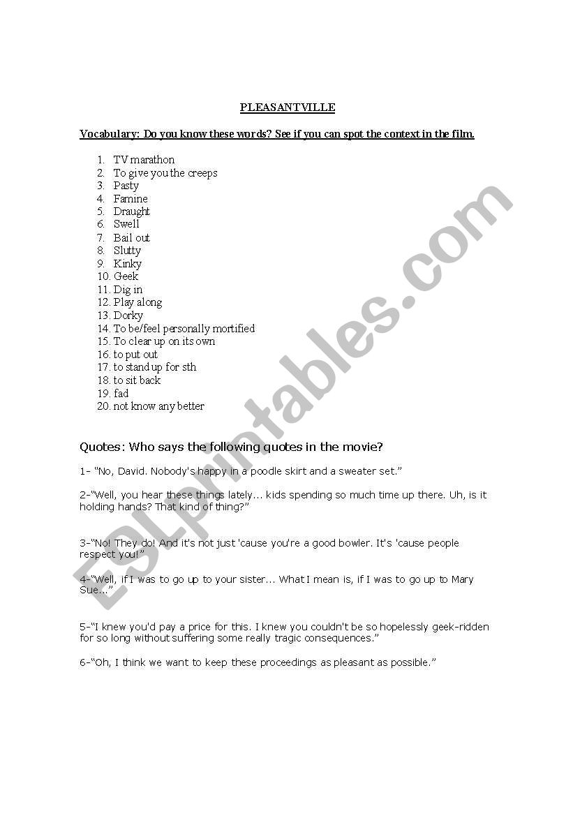 Movie Pleasantville worksheet