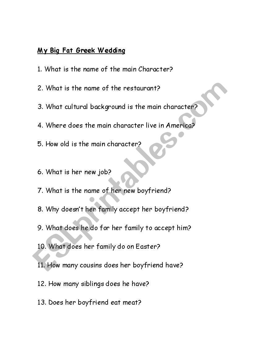 My Big Fat  Wedding questions worksheet