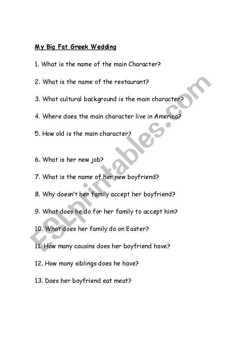 My Big Fat  Wedding questions worksheet