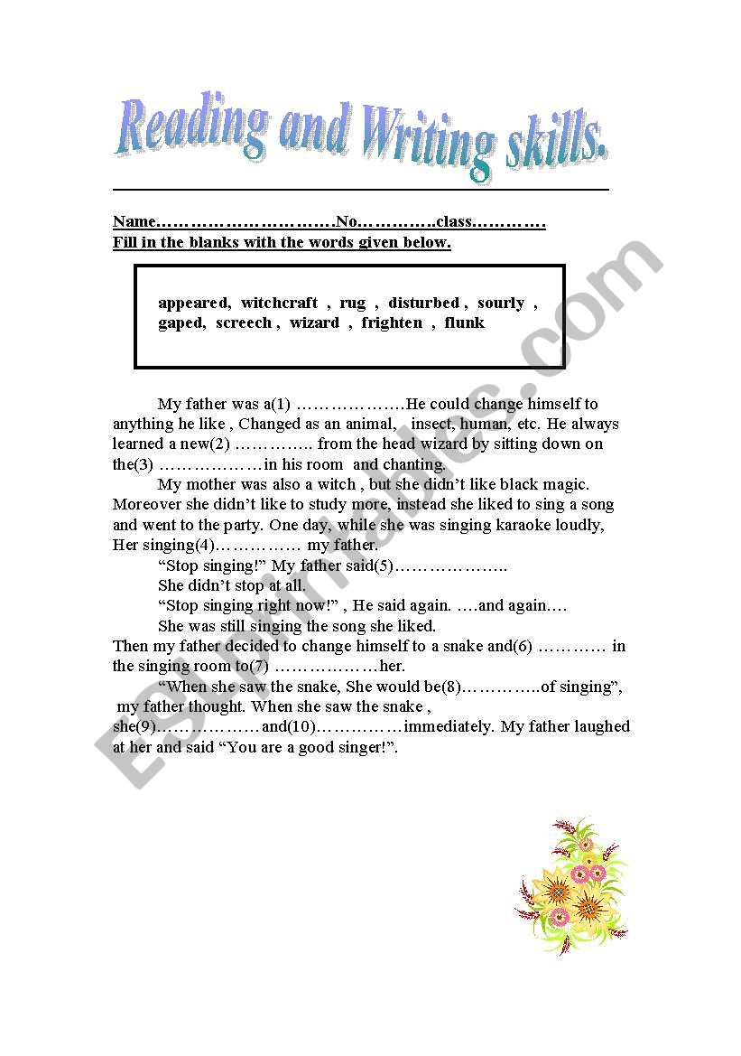 Reading and Writng  skill worksheet