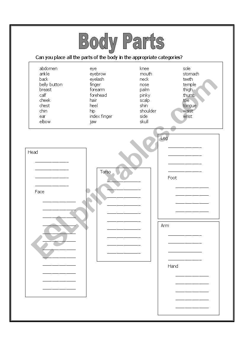 Body parts (plain, B&W) worksheet