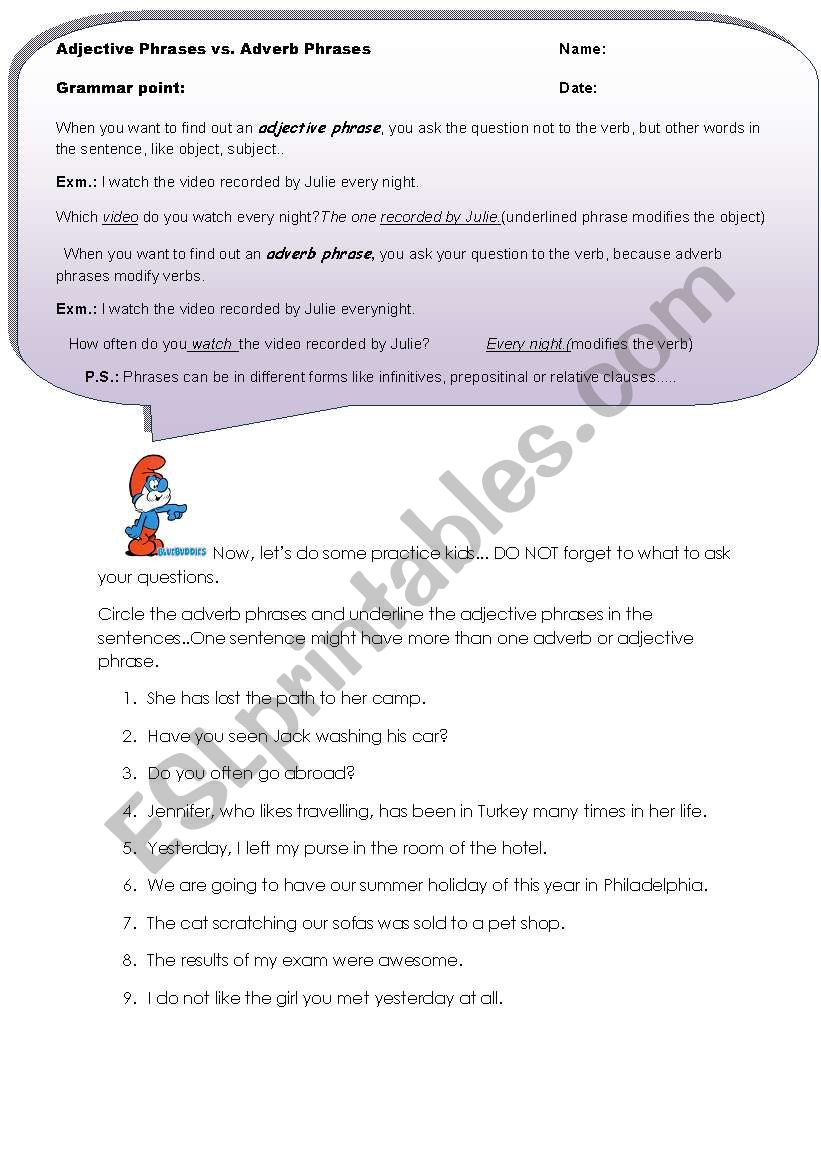 adjective-adverb phrases worksheet