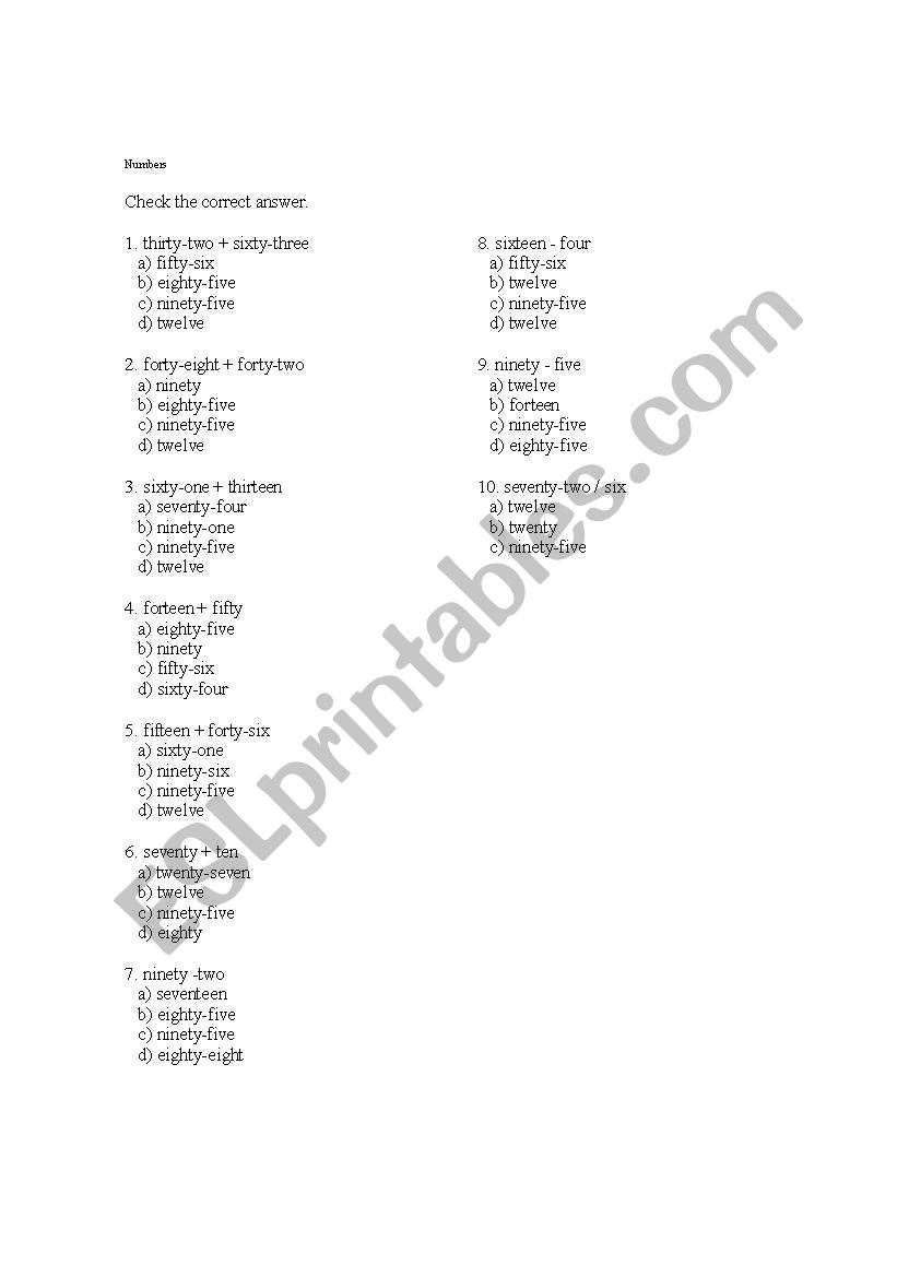 numbers worksheet