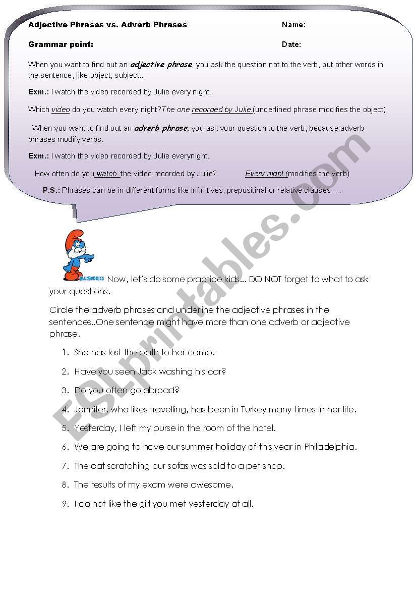 adverb adjective phrases esl worksheet by asli87