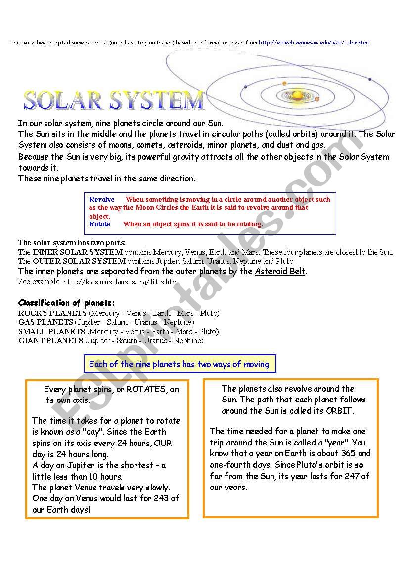 Solar system and planets worksheet