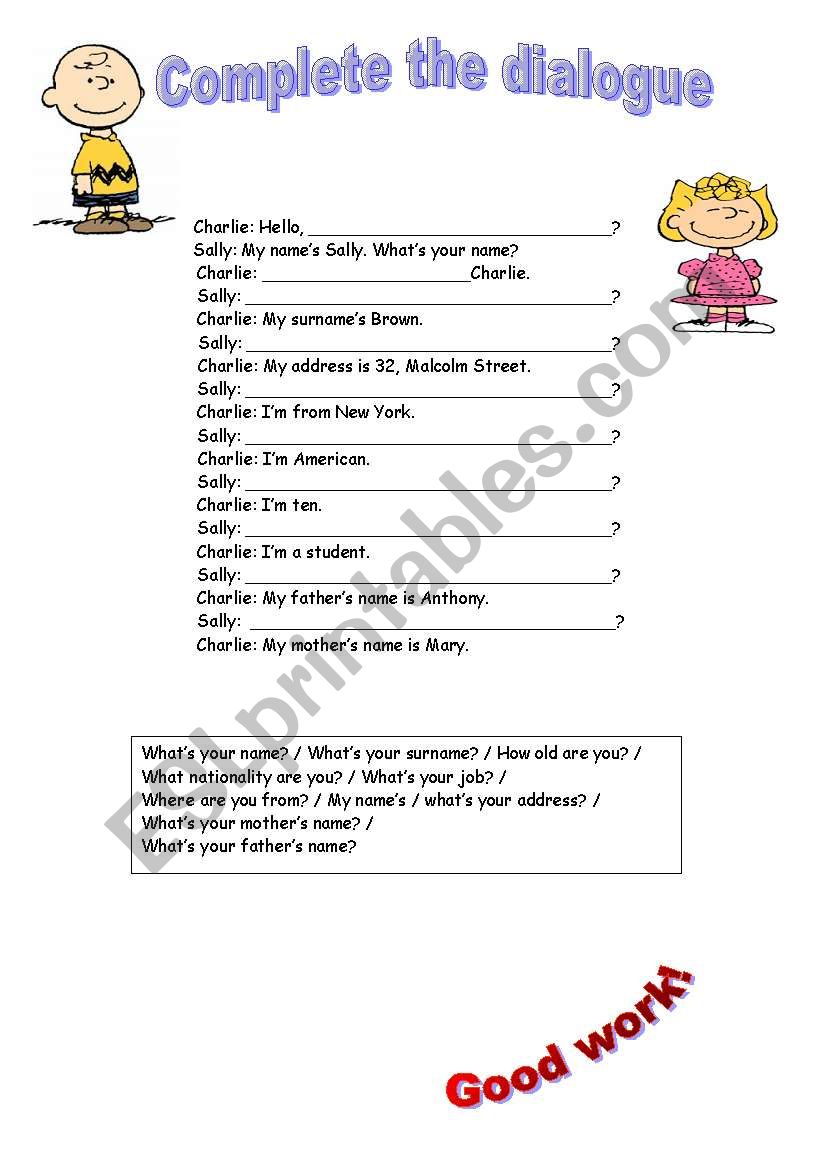 Complete the dialogue worksheet