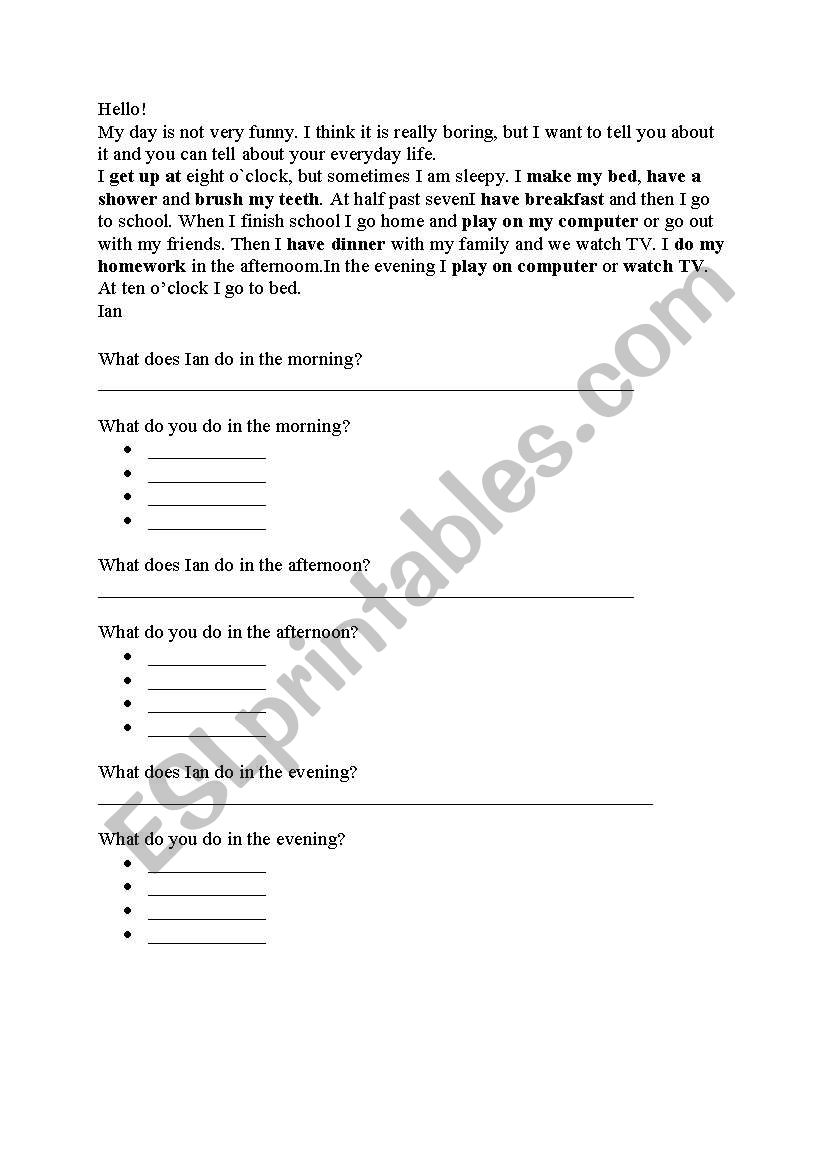 Daily routine worksheet