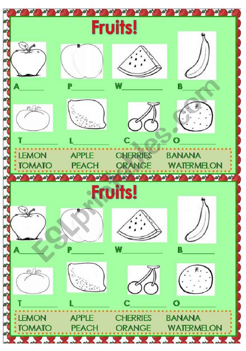 Write and color fruits worksheet