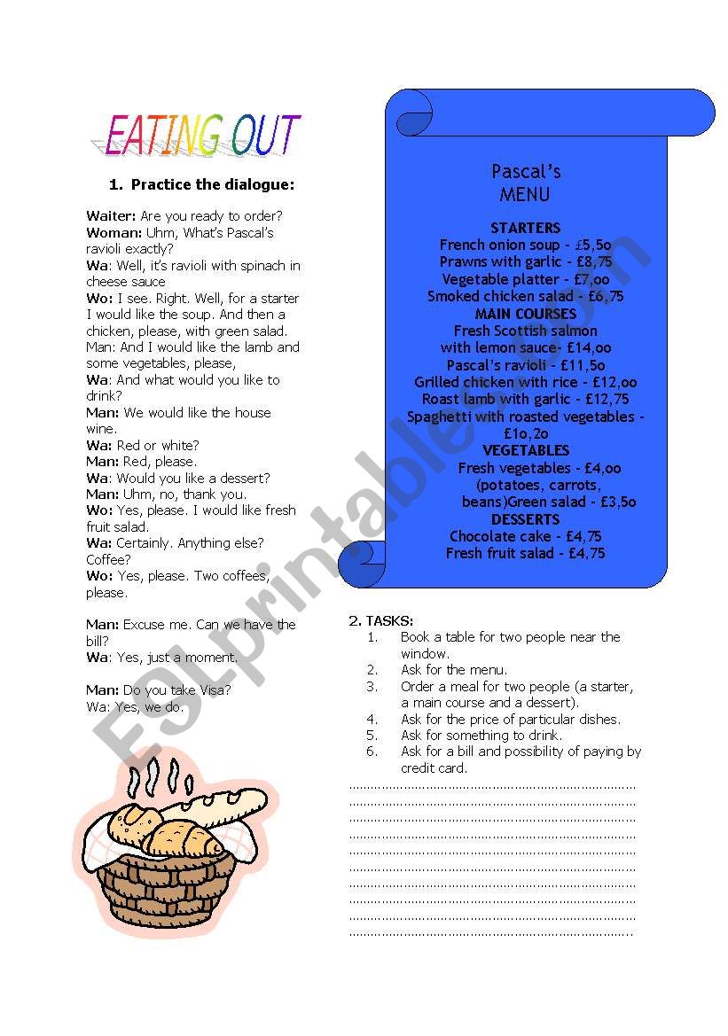 EATING OUT - THE MENU worksheet