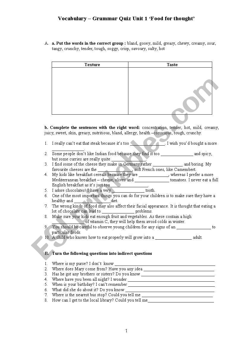 Vocabulary Grammar Quiz to test food/direct indirect speech