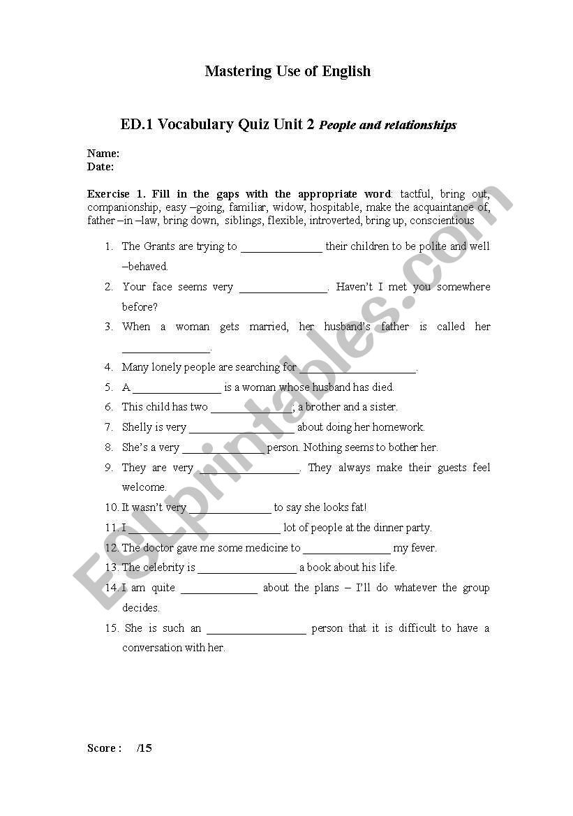 People and relationships worksheet