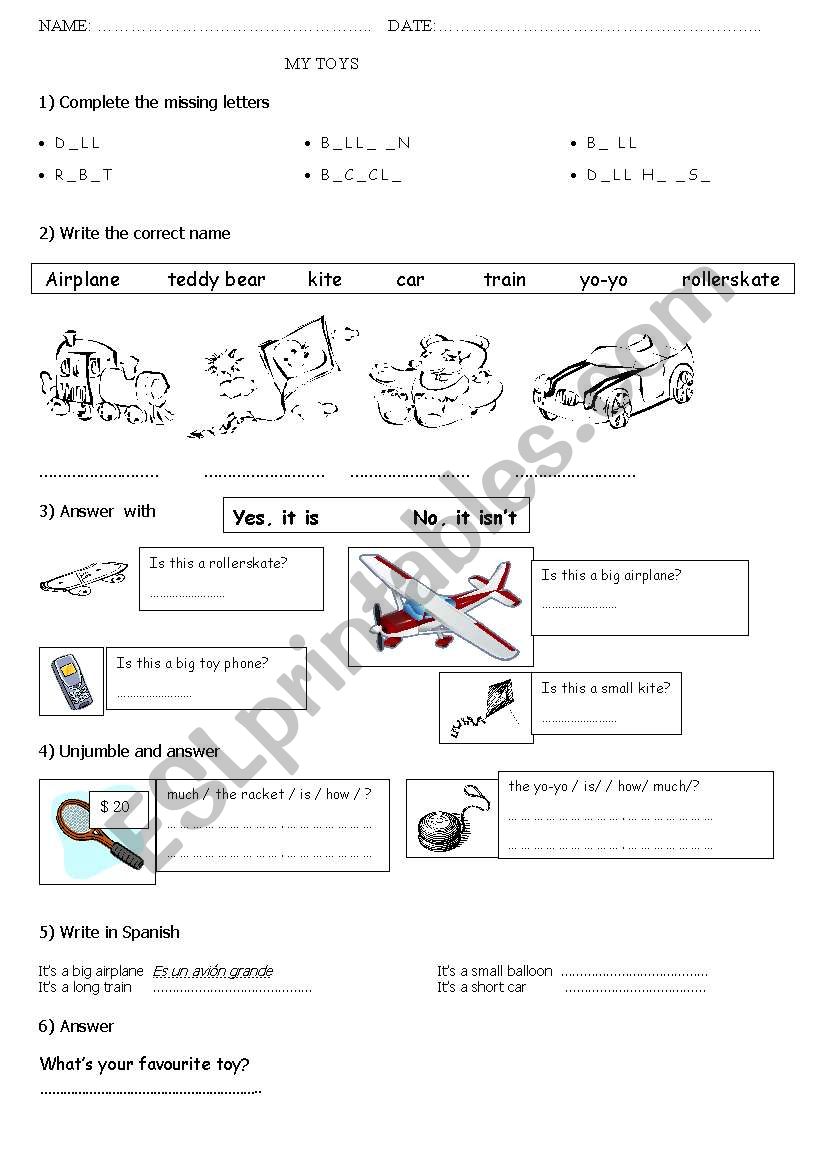 toys test worksheet