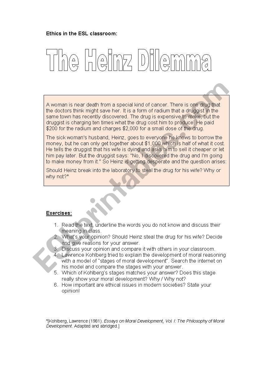 The Heinz Dilemma - Ethics in the ESL classroom