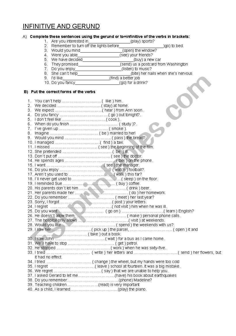 INFINITIVES AND GERUNDS worksheet