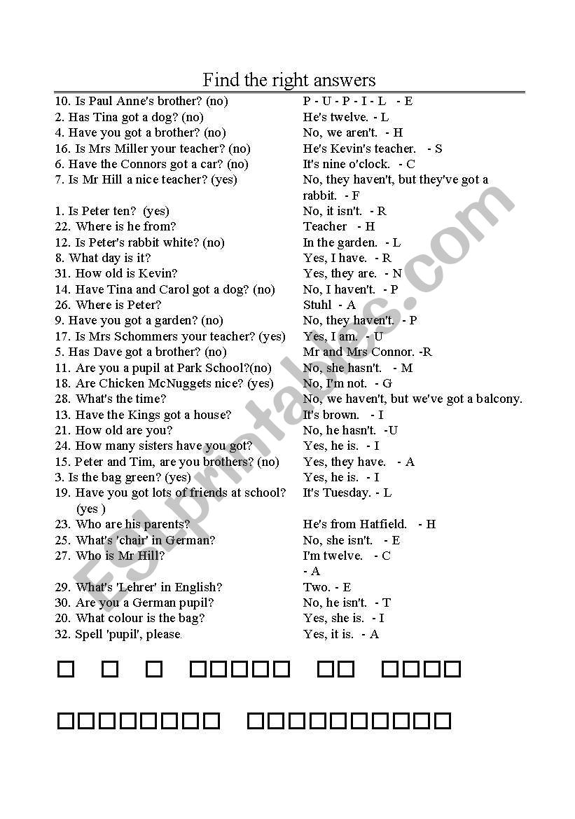 Find the right answers worksheet