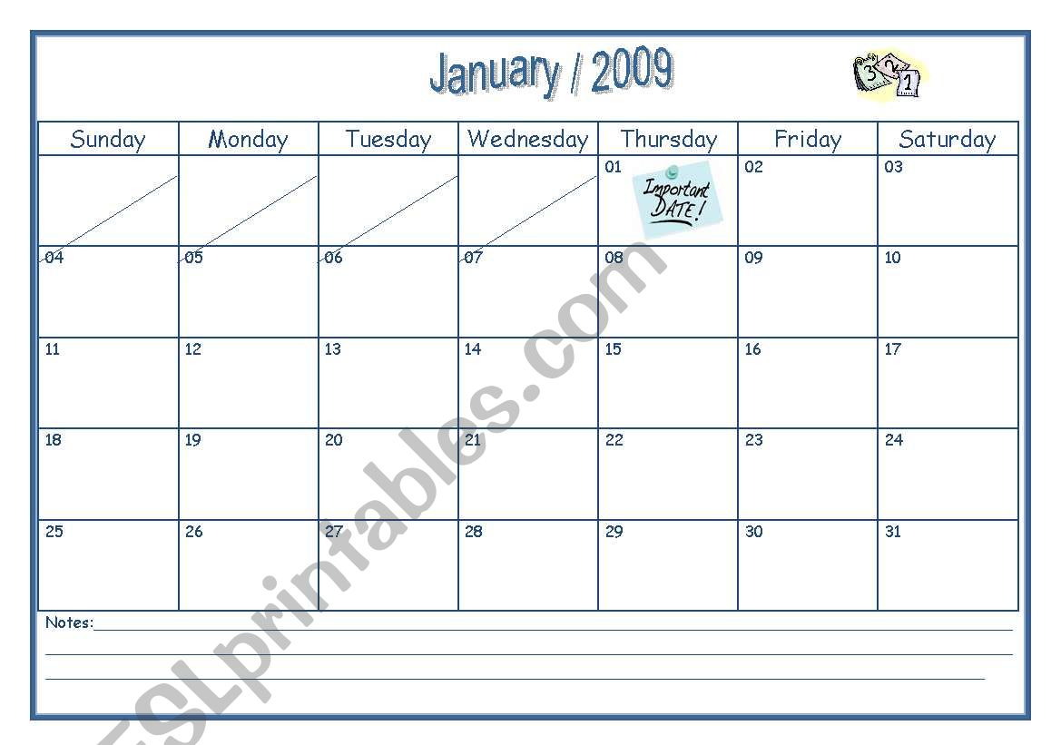 January 2009 calendar worksheet
