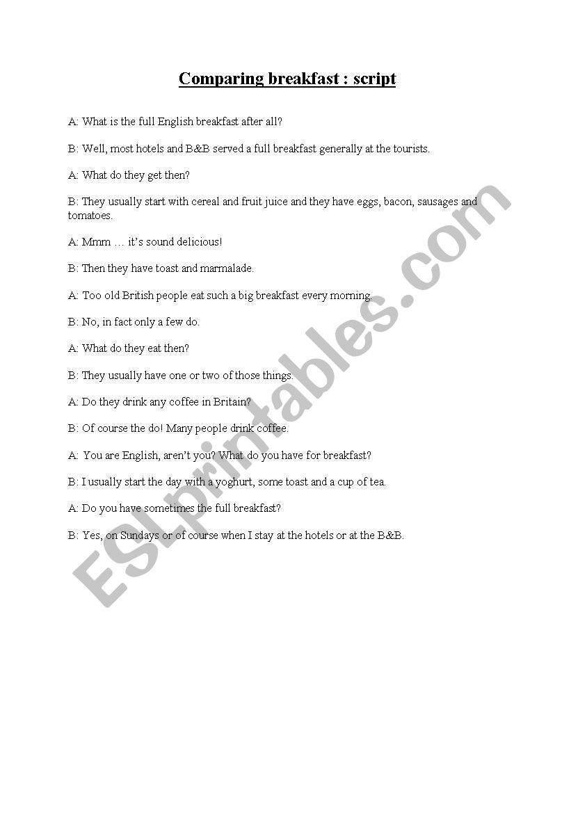 breakfast worksheet