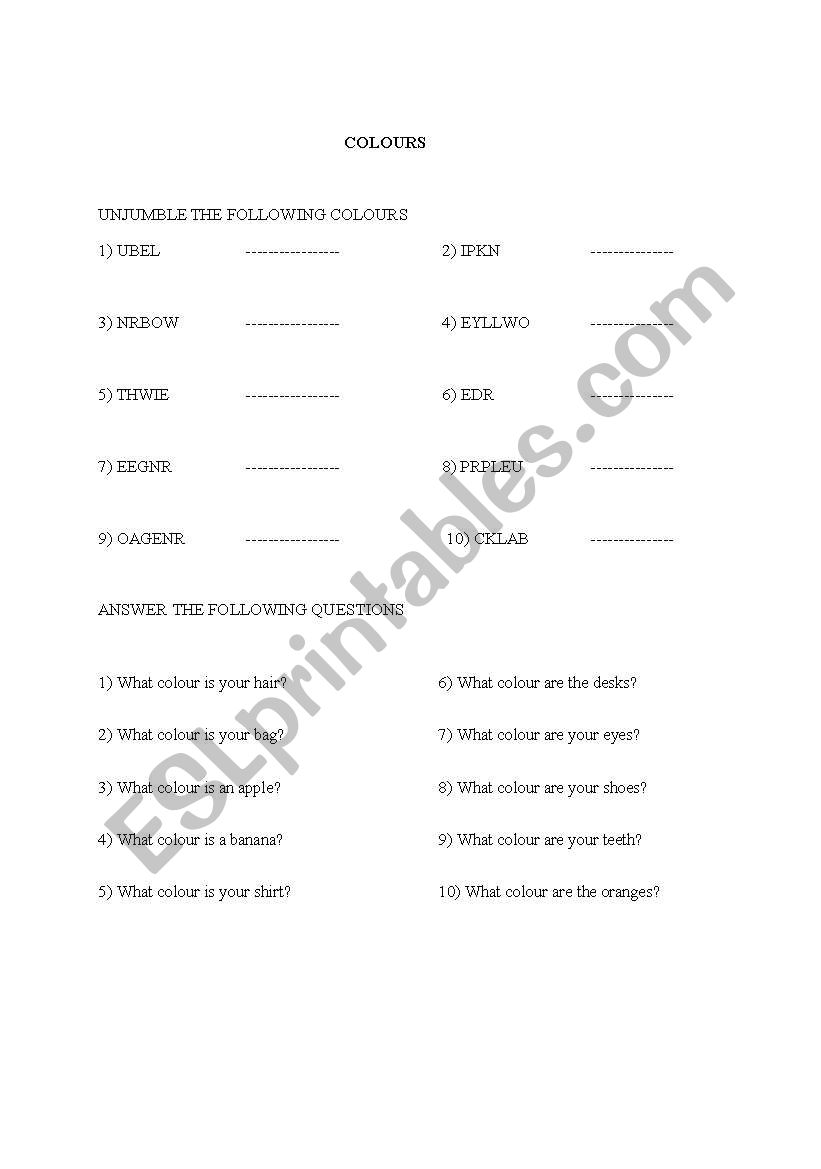 COLOURS worksheet