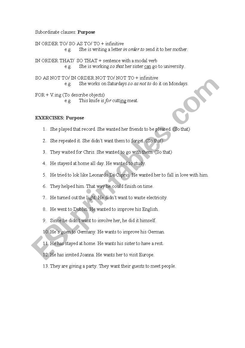 Conjunctions: Purpose worksheet