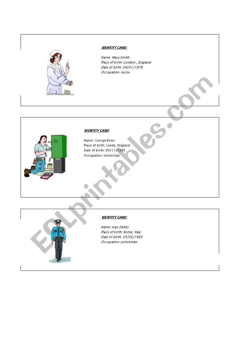 IDENTITY CARDS worksheet