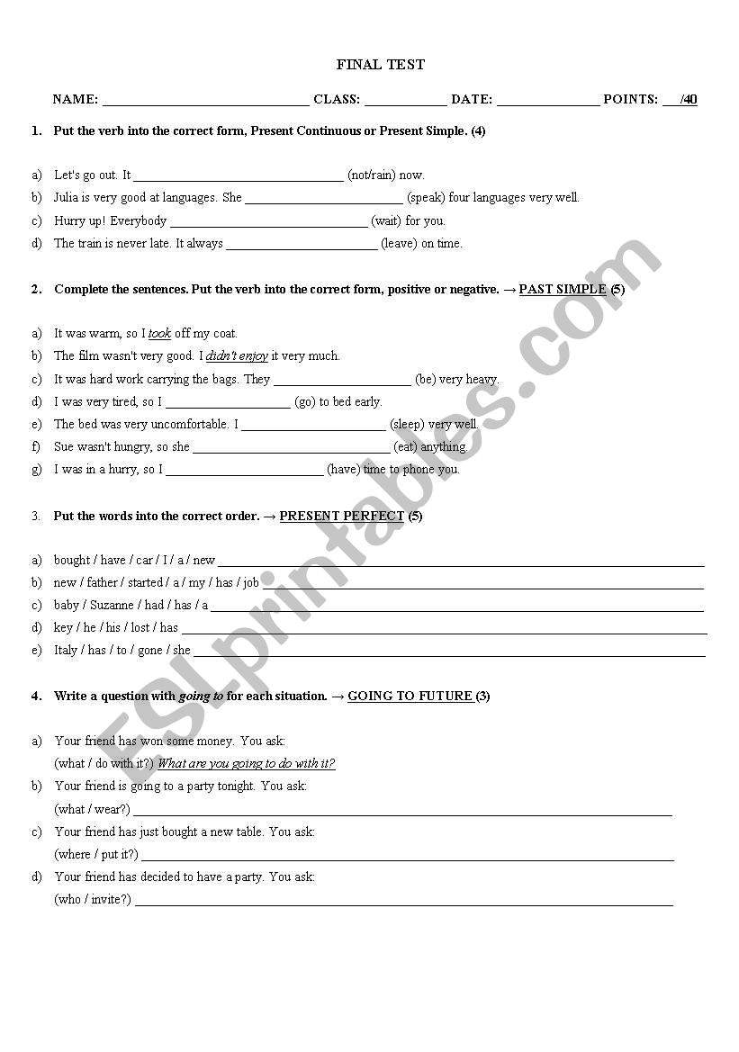 Grammar test worksheet