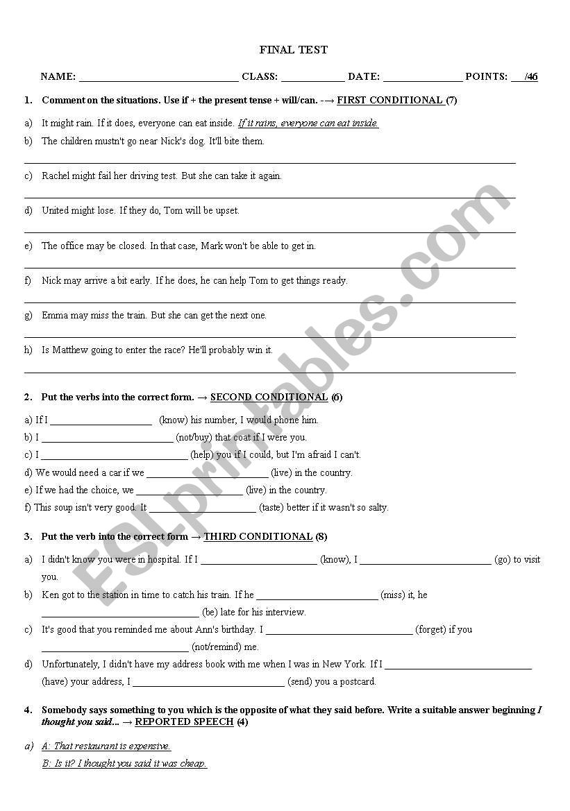 Grammar test worksheet