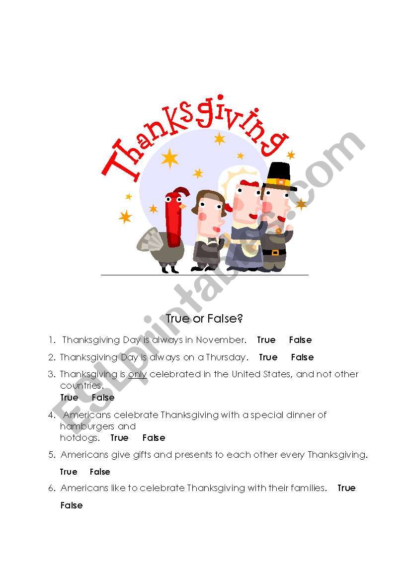 Thanksgiving true false esl worksheet by brookee
