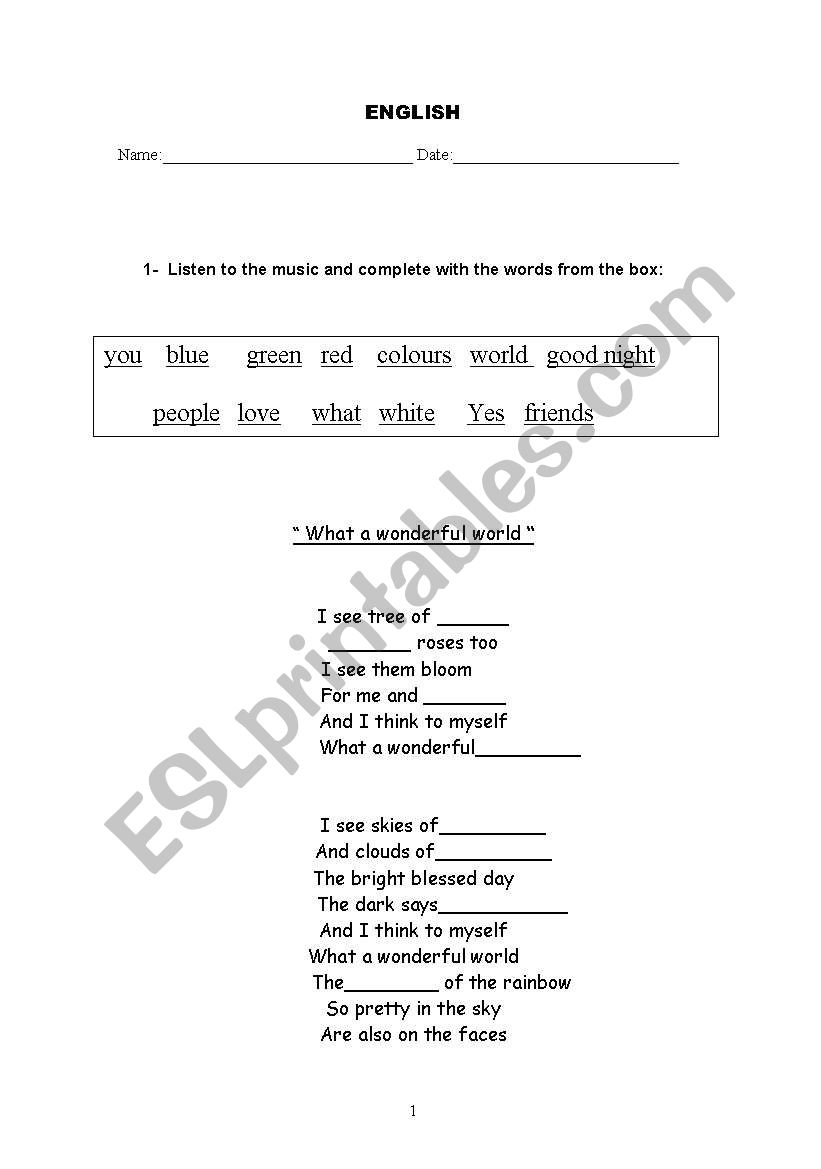 What a Wonderful World worksheet