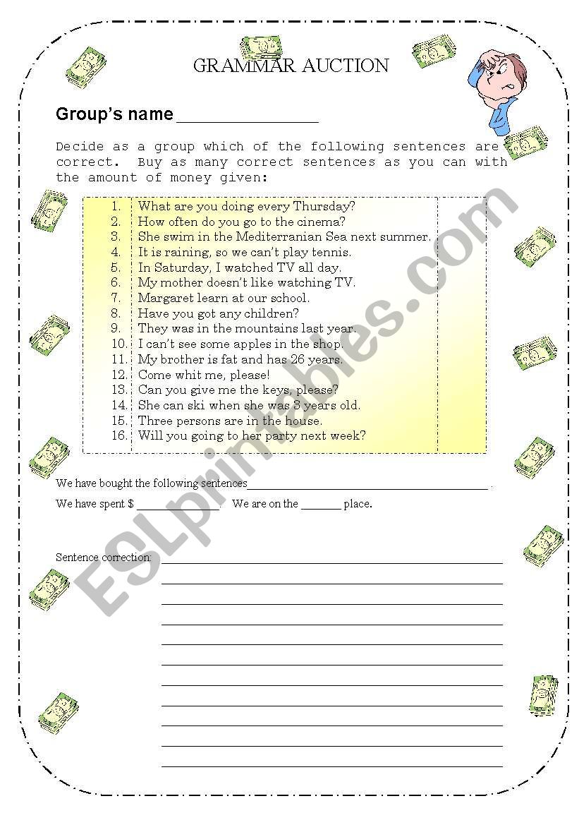 Grammar auction worksheet