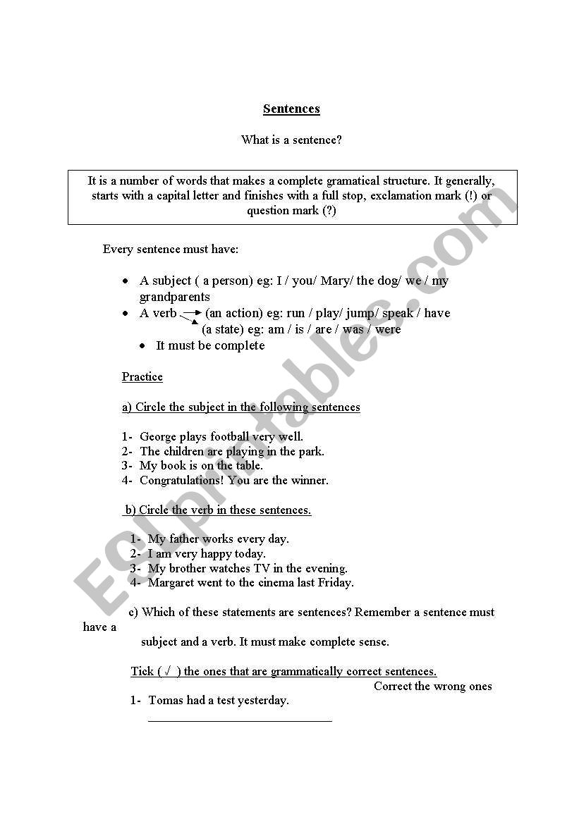 What is a sentence? worksheet