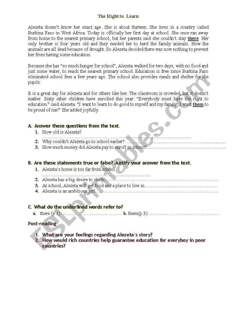 the Right to Learn worksheet
