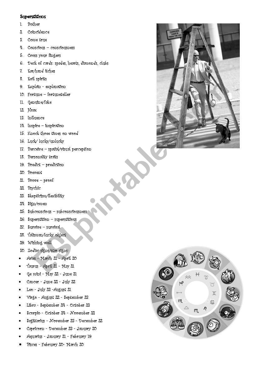 Superstitions Vocabulary List worksheet