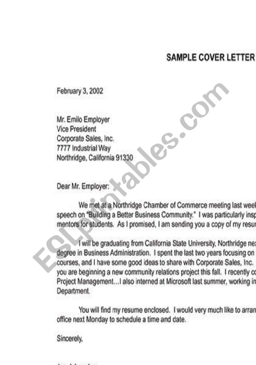 sample cover letter worksheet