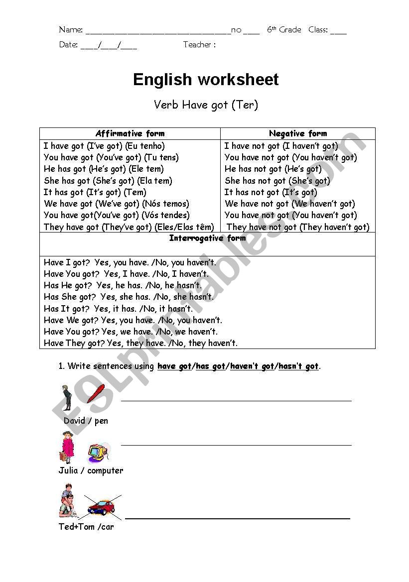 Verb have got worksheet