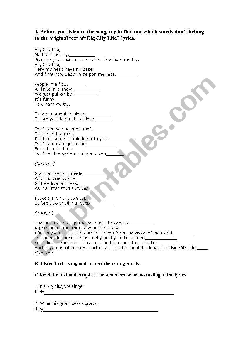 Mattafix_Big_City_Life_A_Song worksheet