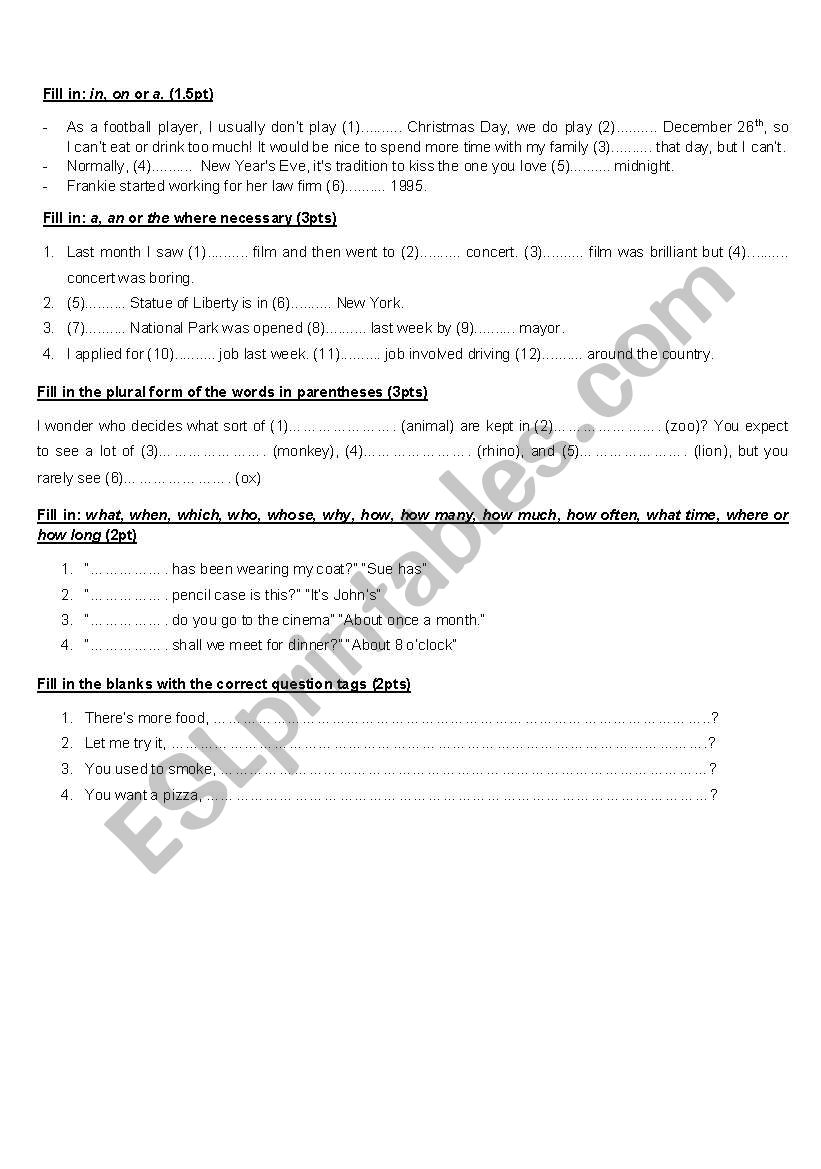 ESL grammar test worksheet