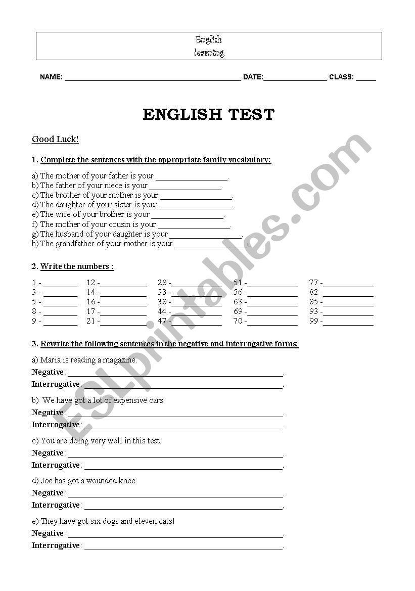 English test about various vocabulary and structures