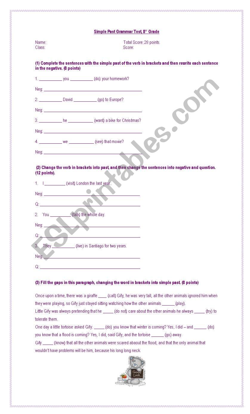 Simple Past Grammar Test  worksheet