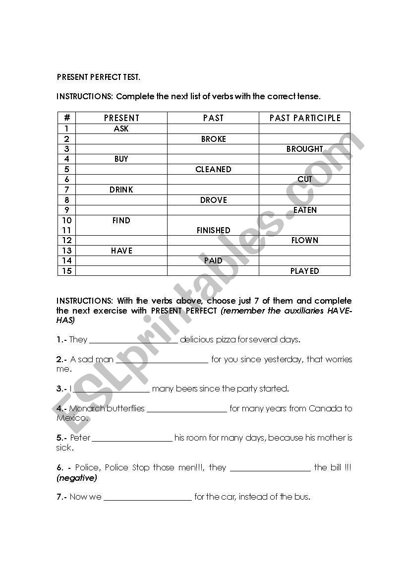 Present Perfect Test worksheet