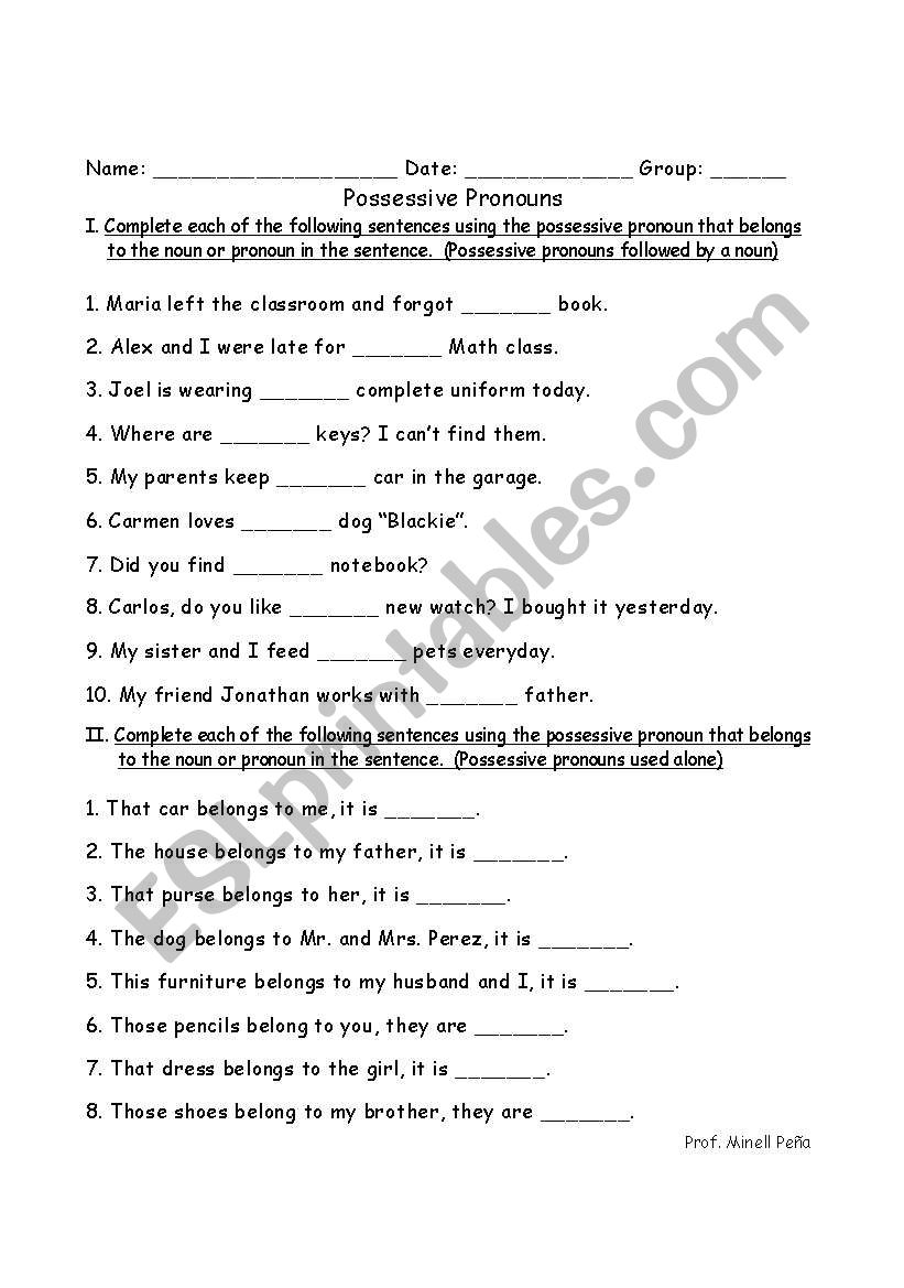 Possessive Pronouns worksheet