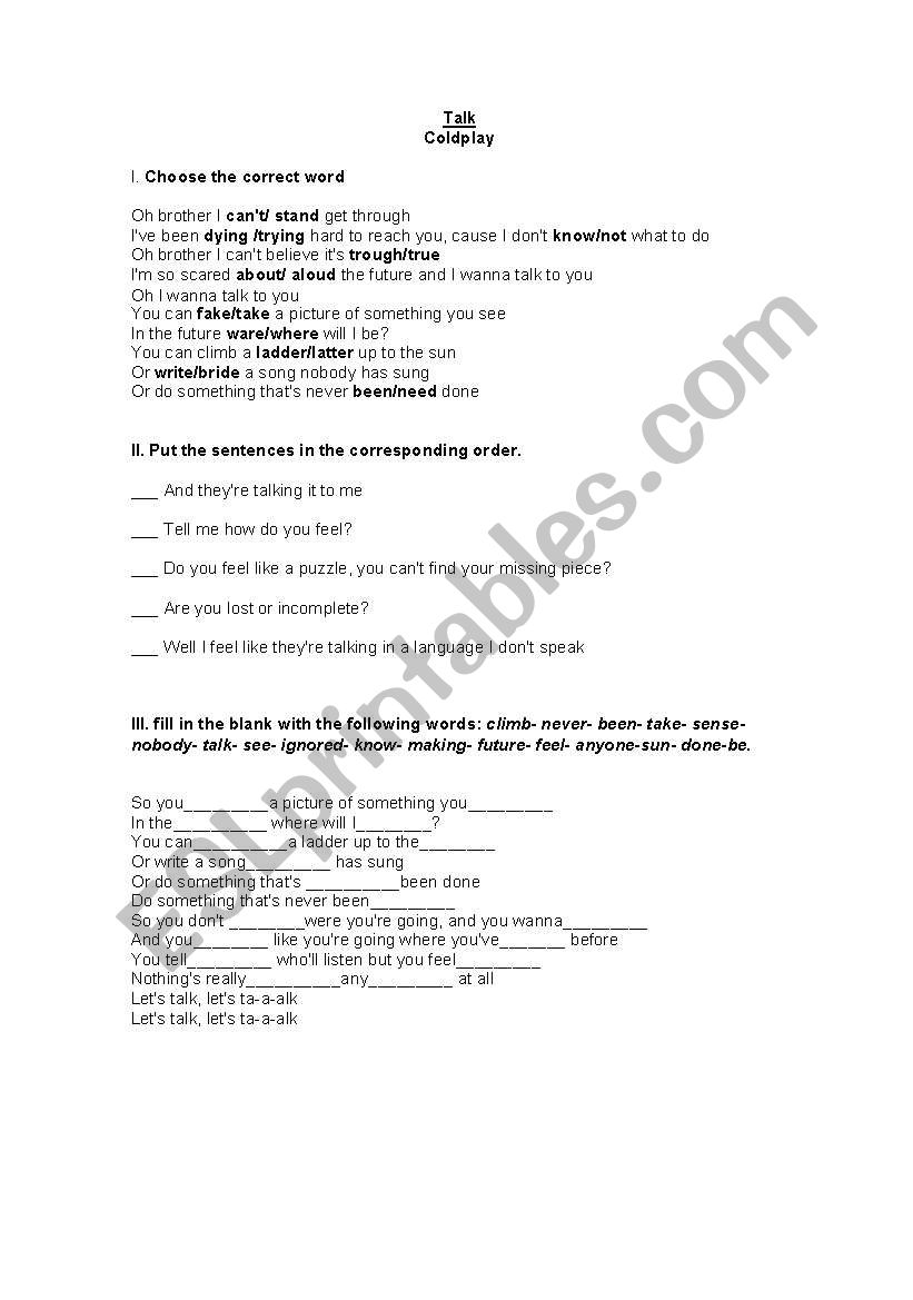 talk- Coldplay worksheet