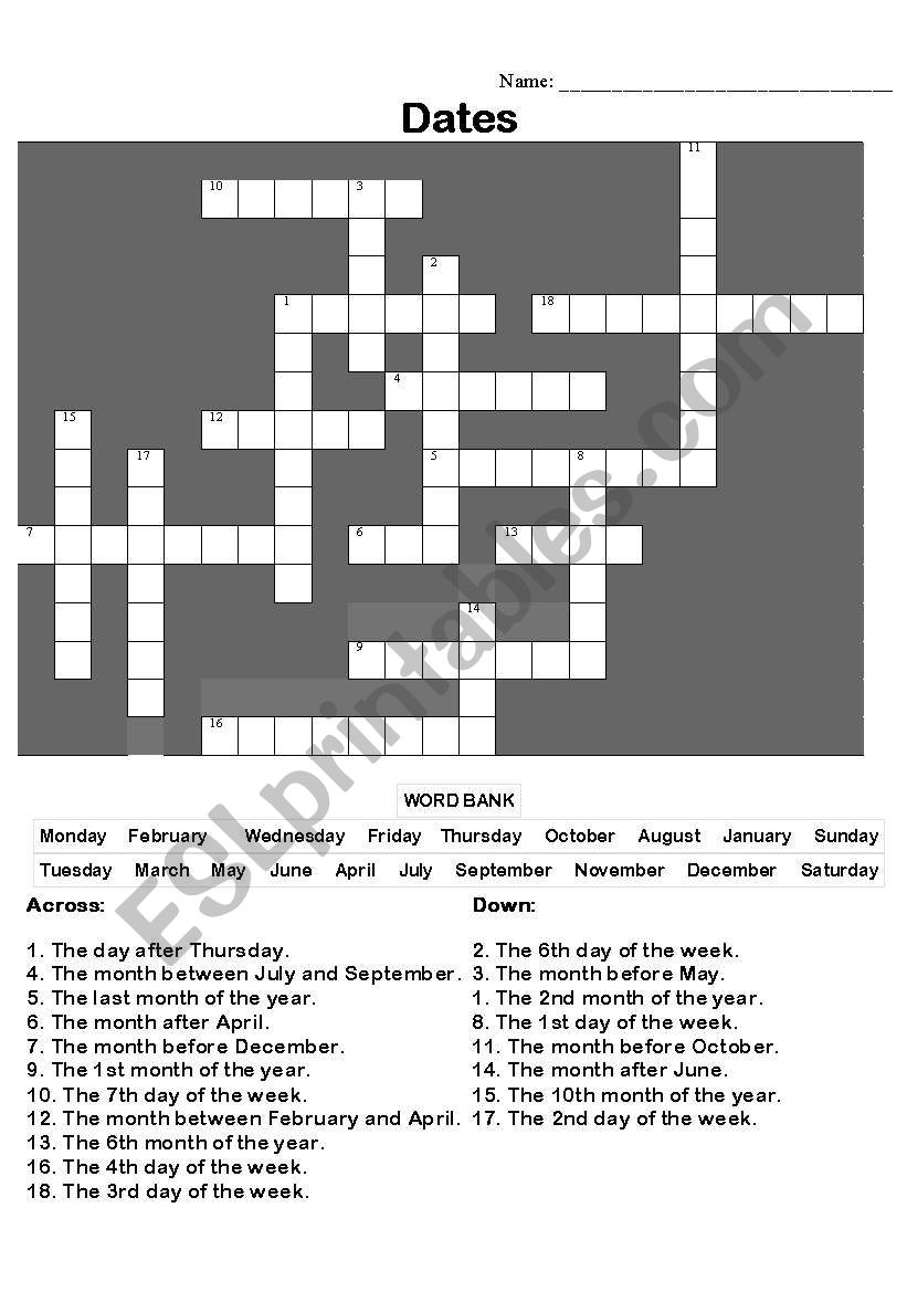Month and Day crossword worksheet