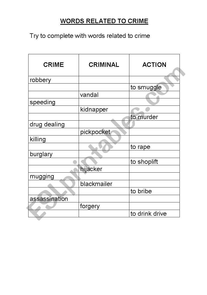 words related to crime worksheet