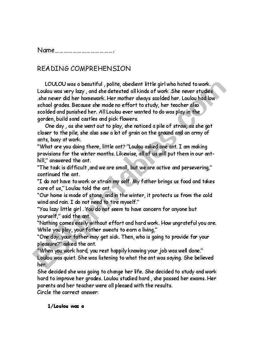 reading comprehension worksheet