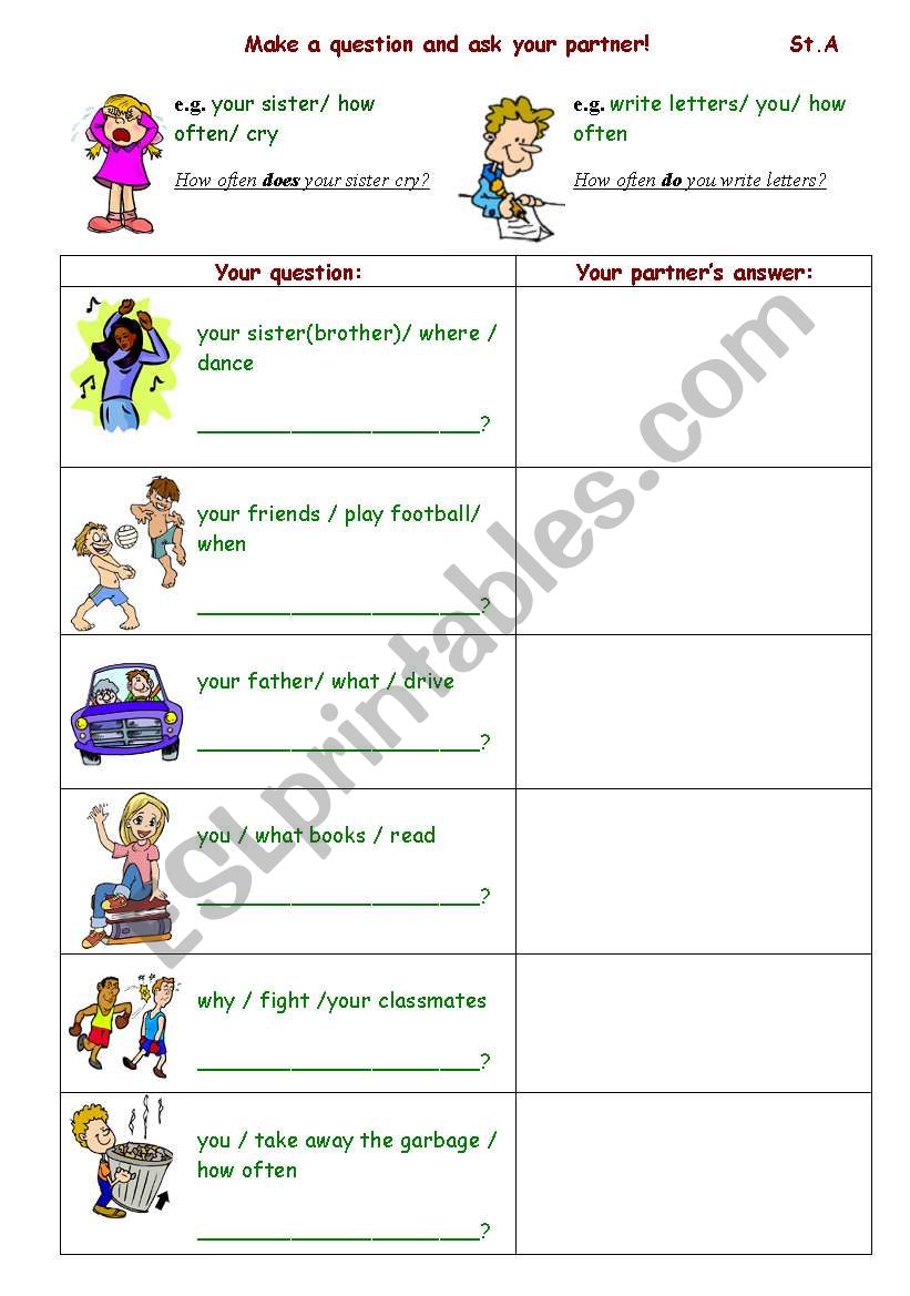 present simple student A worksheet