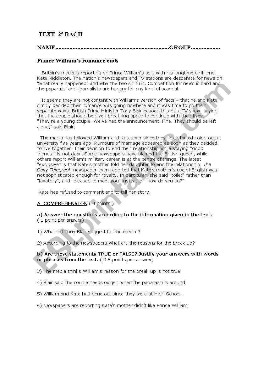 Prince Williams romance worksheet